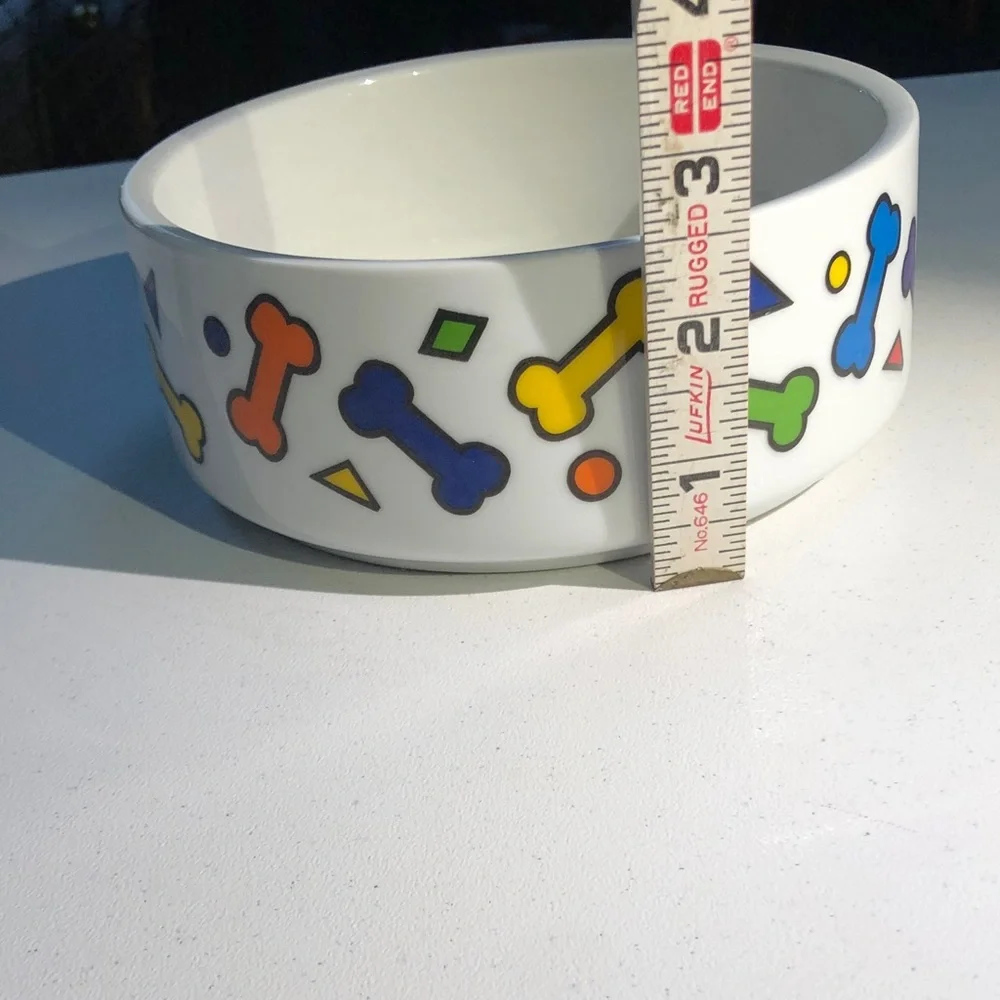 Ceramic large Dog Bowl with Colorful Bone Pattern - White